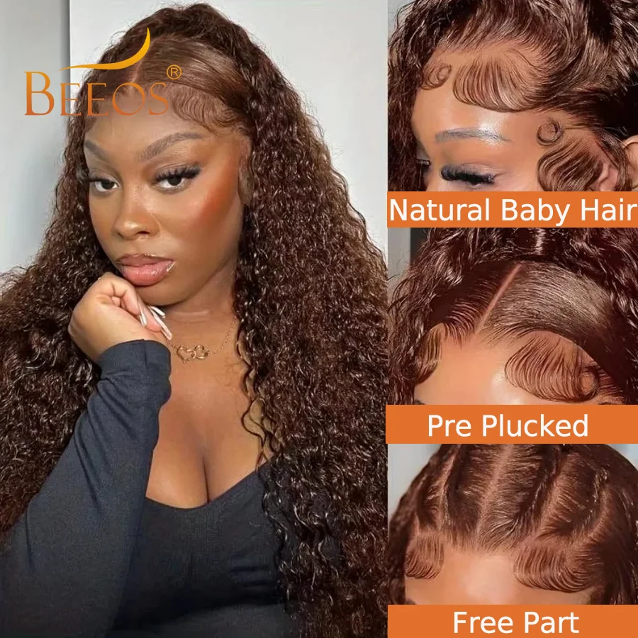 250% Chocolate Brown Water Wave 13x6 HD Transparent Lace Frontal Wigs Human Hair Pre Plucked Melt Skins Curly Wig Brazilian Hair