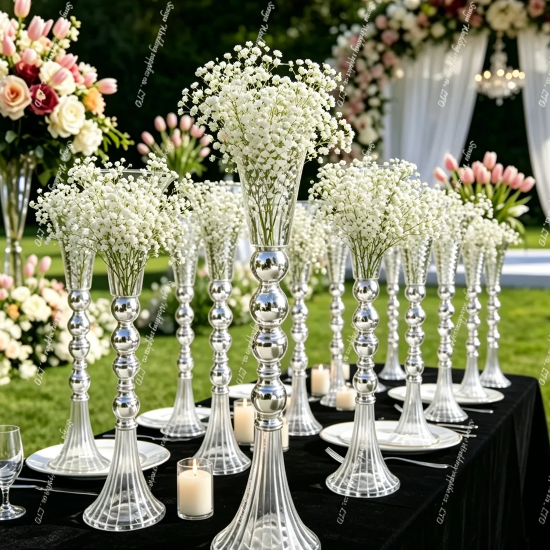 6/10pcs 50-100cm  Trumpet Design Event Decoration Wedding Table Centerpiece Silver Gold Metal Vase