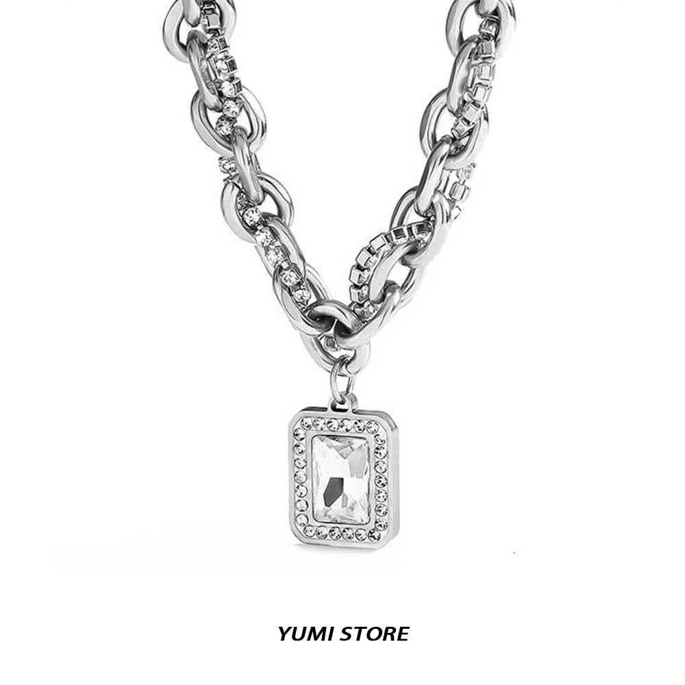 

Titanium Steel Zirconia Block Pendant Necklace For Man Woman Non-Fading Luxury Clavicle Chain Couple Jewelry Punk Gift