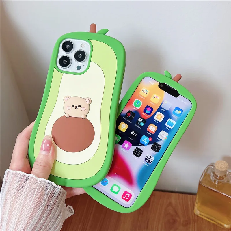 Luxury Cartoon Avocado 3D Case for iPhone, Cute Soft Silicone Phone Cover, Gift for Kids, iPhone 14, 13, 12, 11 Pro, XS Max, XR,