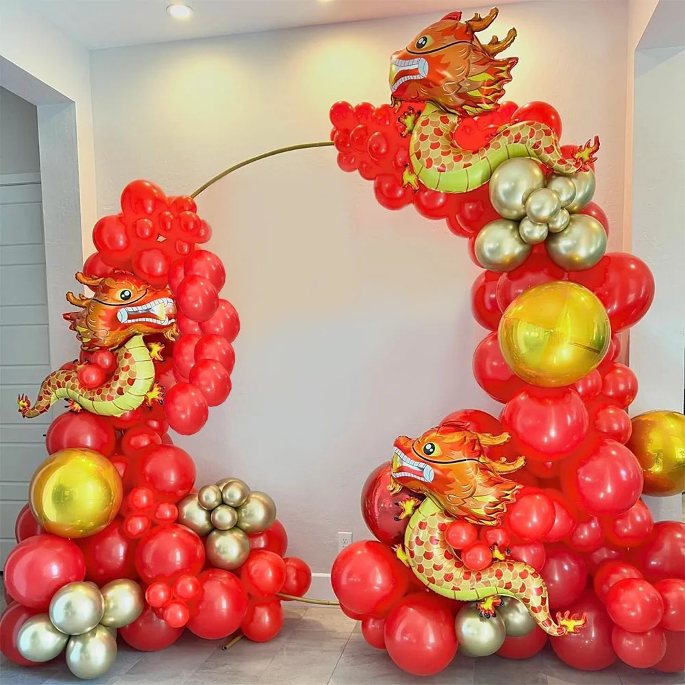 136pcs Chinese Red and Gold Balloons Balloon Garland Arch Kit with Dragon Foil Ballon for Chinese New Year Spring Festival Decor