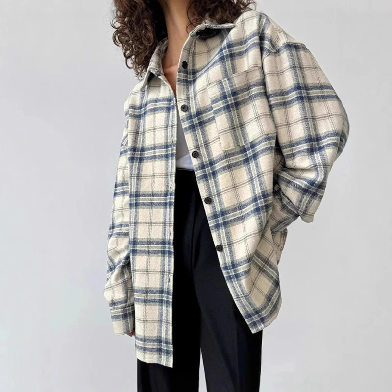 New Women's Shirt Oversized Spring Flannel Plaid Lapel Casual Shirts Versatile Button Up Long Sleeve Loose Blouse Daily Outfit