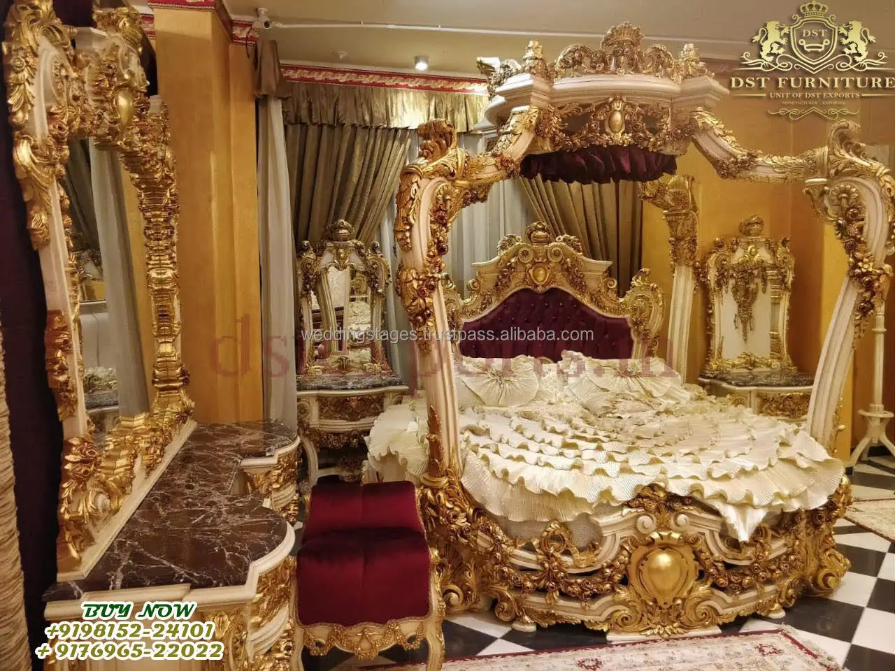 سرير كينج مستدير منحوت يدويًا على الطراز الباروكي الملكي سرير مستدير فاخر منحوت عالي التحمل مصمم من خشب الساج سرير مهاراجا مستدير #4