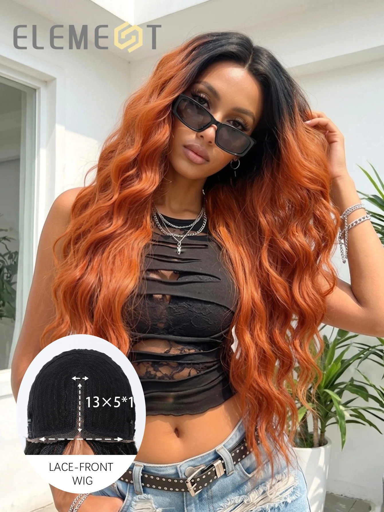 13x5x1 T Part Lace Front Wig Long Wavy Black To Copper Orange Ombre Pre Plucked Synthetic Hair for Women Y2K Fashion Hairpiece