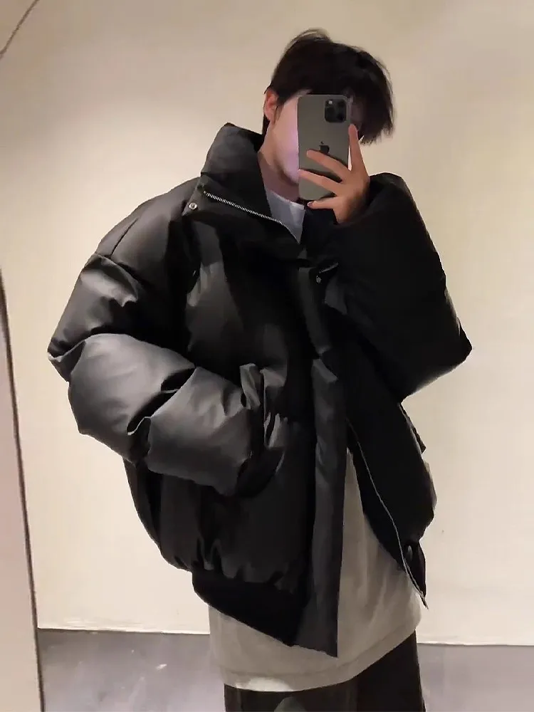 

Cleanfit Men's ort PU Leather Surface Cotton Jaet Thi Warm Retro Bla Bread Sle Coat Winter Outerwear Casual Youth