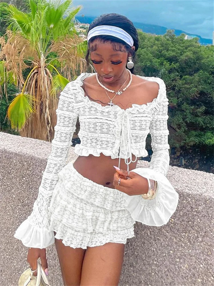 

Insglas Elegant 2 Piece Set Women Ruffles Patchwork Y2K Chic Full Sleeve Crop Tops+Tierred Skirts Matching Streetwear Outfits