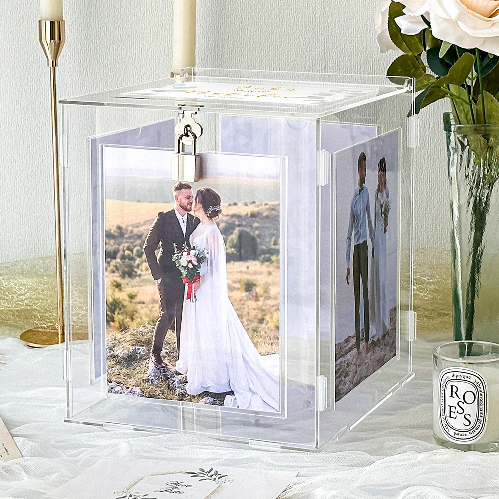 Ourwarm Acrylic Rotated Wedding Card Box Picture Frame Money Holder For Reception Anniversary Envelope Gift Party Decor Supplies