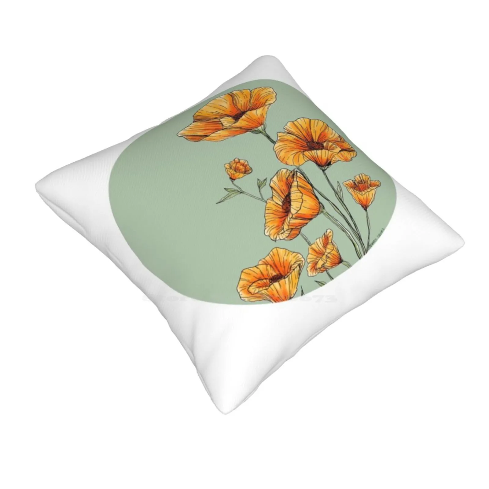 California Poppies Funny Cute Decor Square Pillowcase Flowers Blooms Blossom Summer Spring Girly Orange Procreate Nature Trees