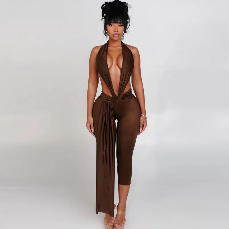 

Hottie Shiny Ribbons Skinny Calf-length Jumpsuits Women Fashion Sexy Deep V Neck Sleeveless Lace Up Halter Backless Overalls