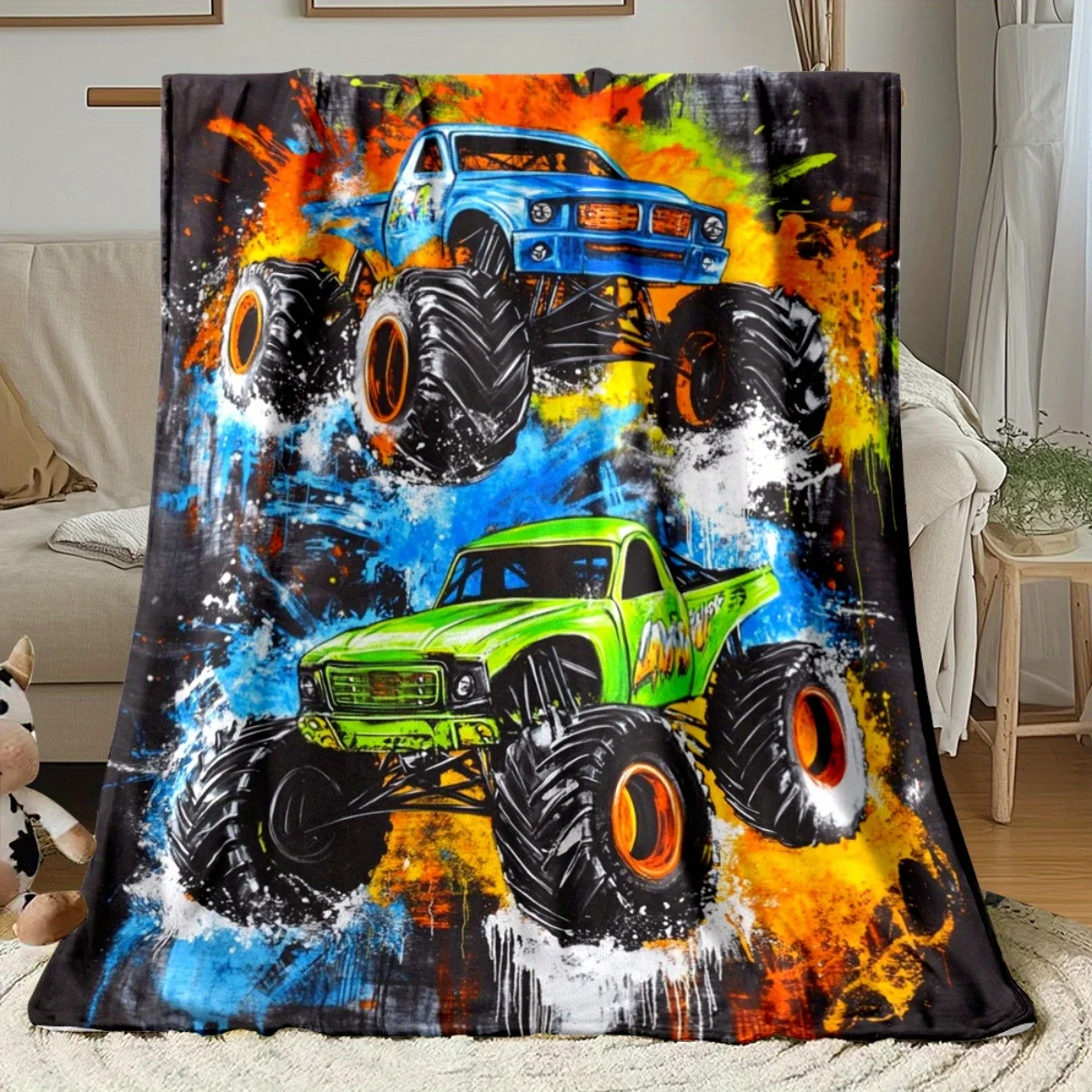 1pc Cars in Competition Blanket- Lightweight Throw for Sofa, Outdoor, Camping, Livingroom, Office, Chair, and Bed - Digital Prin