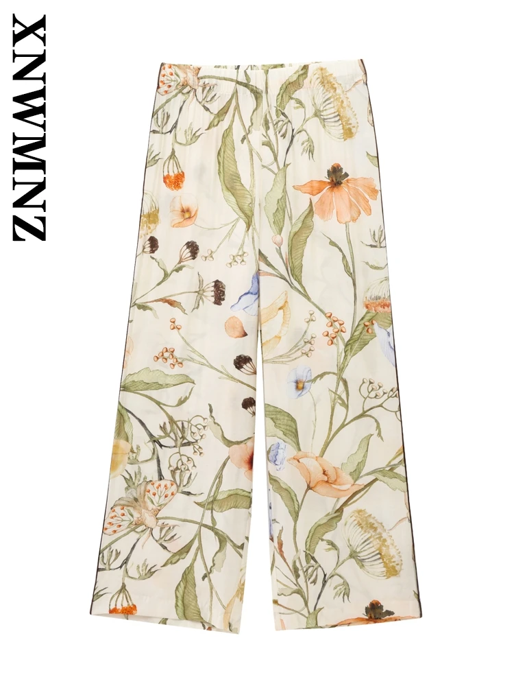 

XNWMNZ 2025 Summer New Lady Edgy Long Pants Bottoms Chic Spring Woman's High Waist Ruffles Loose Fit Wide Leg Pants Print Floral