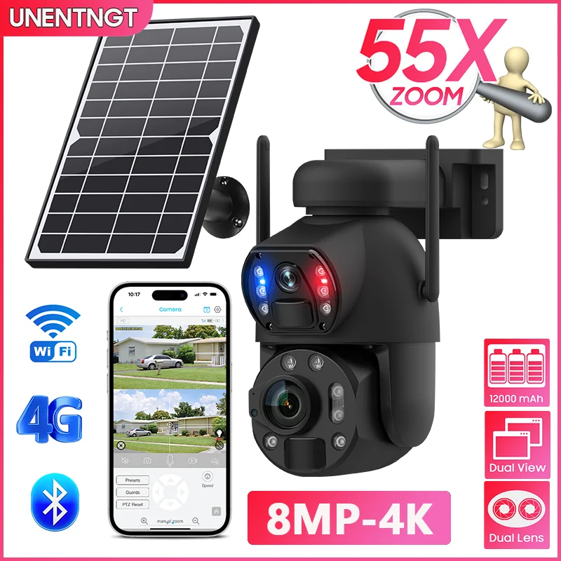 

4K 55X Optical Zoom Dual View Solar PTZ Camera 8MP 4G Sim/Wifi Outdoor Surveillance Security Protection Pan Night Vision IP Cam