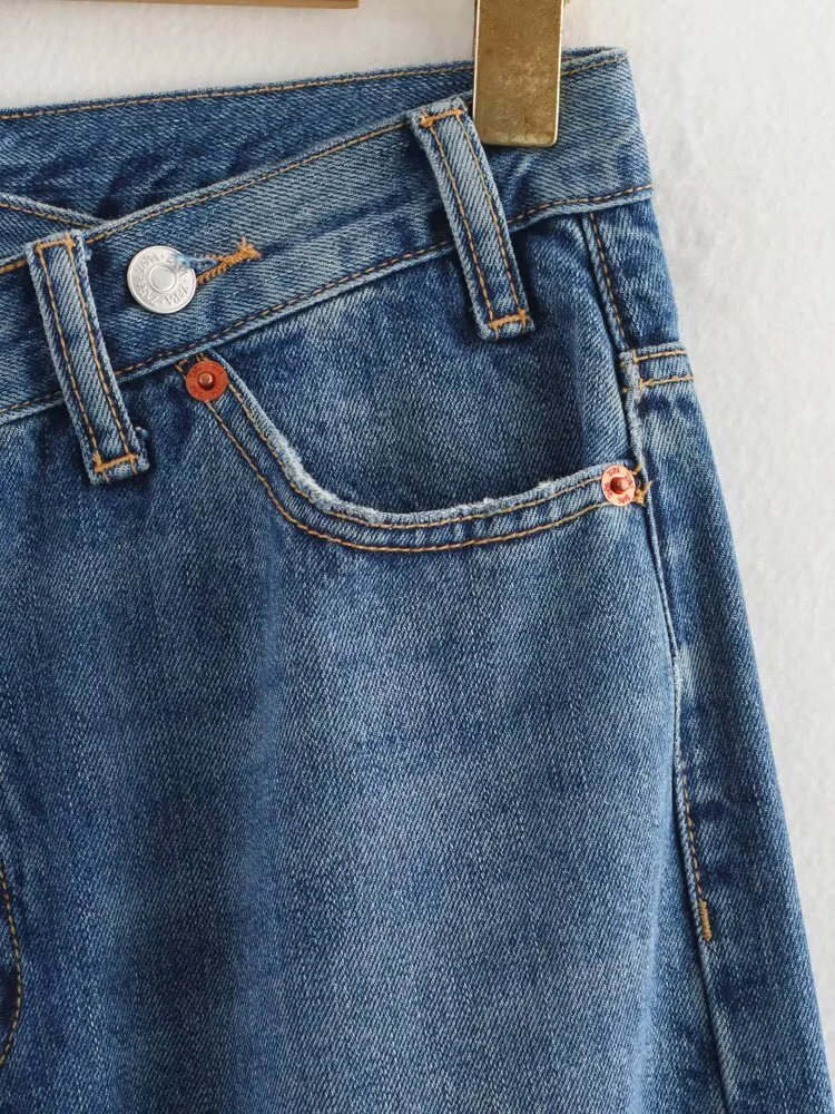 أزياء نسائية جديدة على الطراز الأوروبي، متعددة الاستخدامات، أنيقة، كاجوال مزدوجة الصدر عالية الخصر واسعة الساق من قماش الدنيم. #4