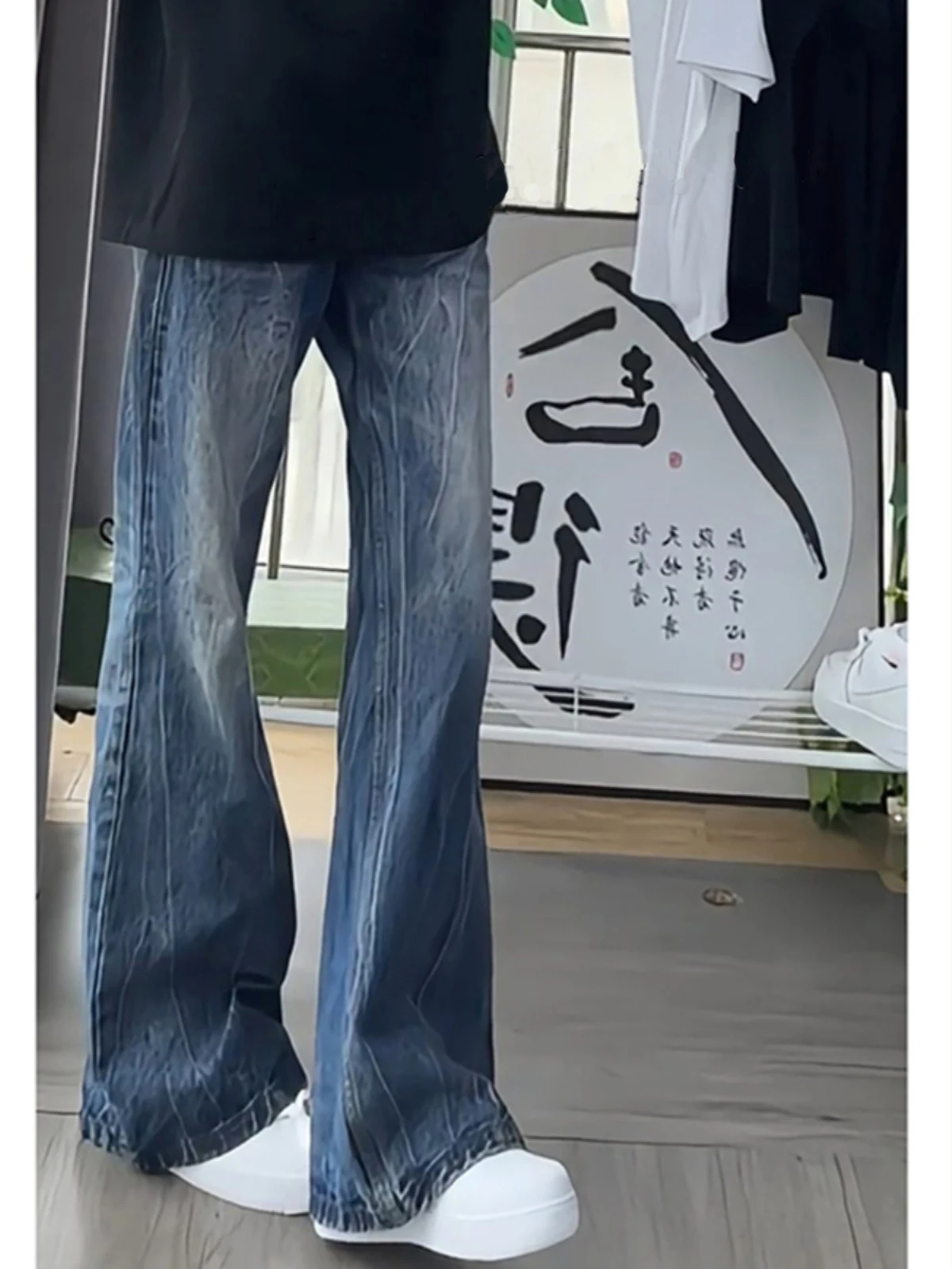 

Мужские джинсы Ice Blue Lightning в американском стиле, летние, прямые, с расклешением, модные, с высокой талией, из денима