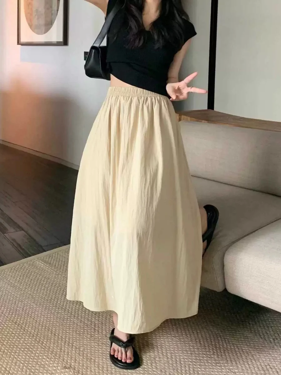 Extra Large Size Ice Silk High Waist Draped Pleated Midi Skirt Summer Hip Conceal Slim A-Line Long Skirt for plus Size Women view 4