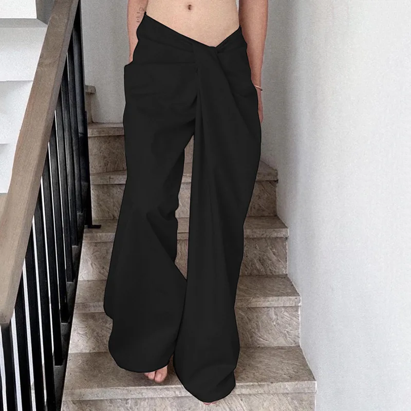 Pantalon taille basse à jambes larges pour femmes, pantalon plissé avec détail de nœud asymétrique, drapé minimaliste tissé, pantalon à taille Paperbag