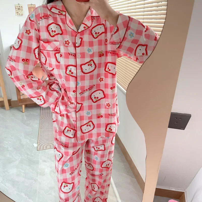 Sanrio Hello Kitty autumn new pajamas female cartoon long-sleeved pure cotton sweet cute comfortable loungewear set