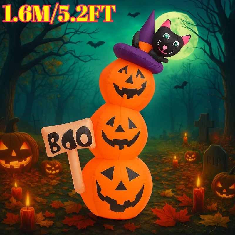 1.6M/5.2FT Giocattoli gonfiabili di Halloween Torre di zucca con decorazioni per gatti Modello gonfiabile per interni ed esterni per feste con luci a LED