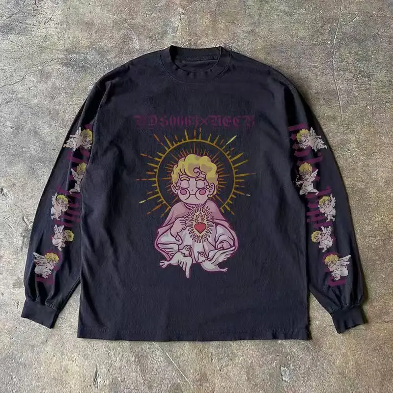 

Y2K High Street Harajuku Gothic Round Neck Top Men Trendy Streetwear Long-sleeved Hip-hop Retro Casual Oversized T-shirt Women