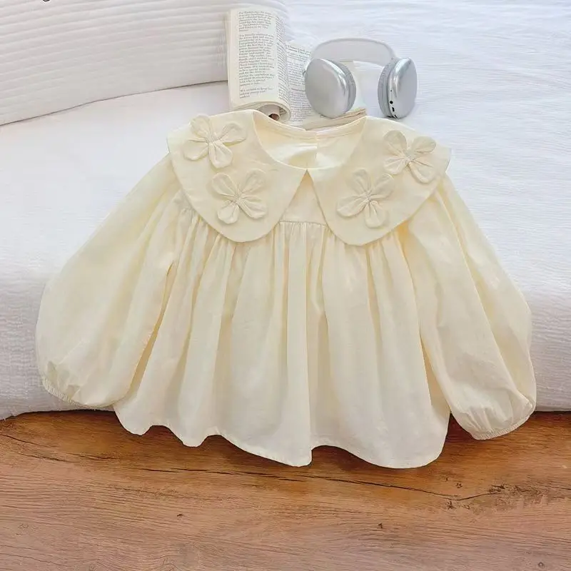 

New Girl's Shirt with Doll Neck 2026 Spring and Autumn Fashion Three Dimensional Flower Shirt Stylish Baby Long Sleeve Top
