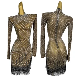Sexy Black Tassel Short Dresses for Women Summer Fashion Mesh Diamond Long Sleeved Party Dress Elegant Irregular Skirt Zonglv