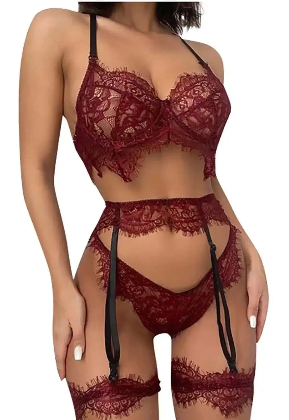 Conjunto de ropa interior divertida de una pieza de tres puntos con encuadernación de encaje para mujer, bikinis, traje de baño, bikini de cintura alta 5XPC