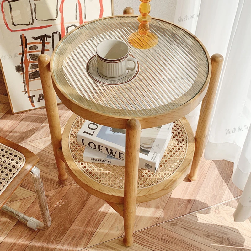 

Coffee table living room household double-layer solid wood round edge few Changhong glass log wind corner few furniture
