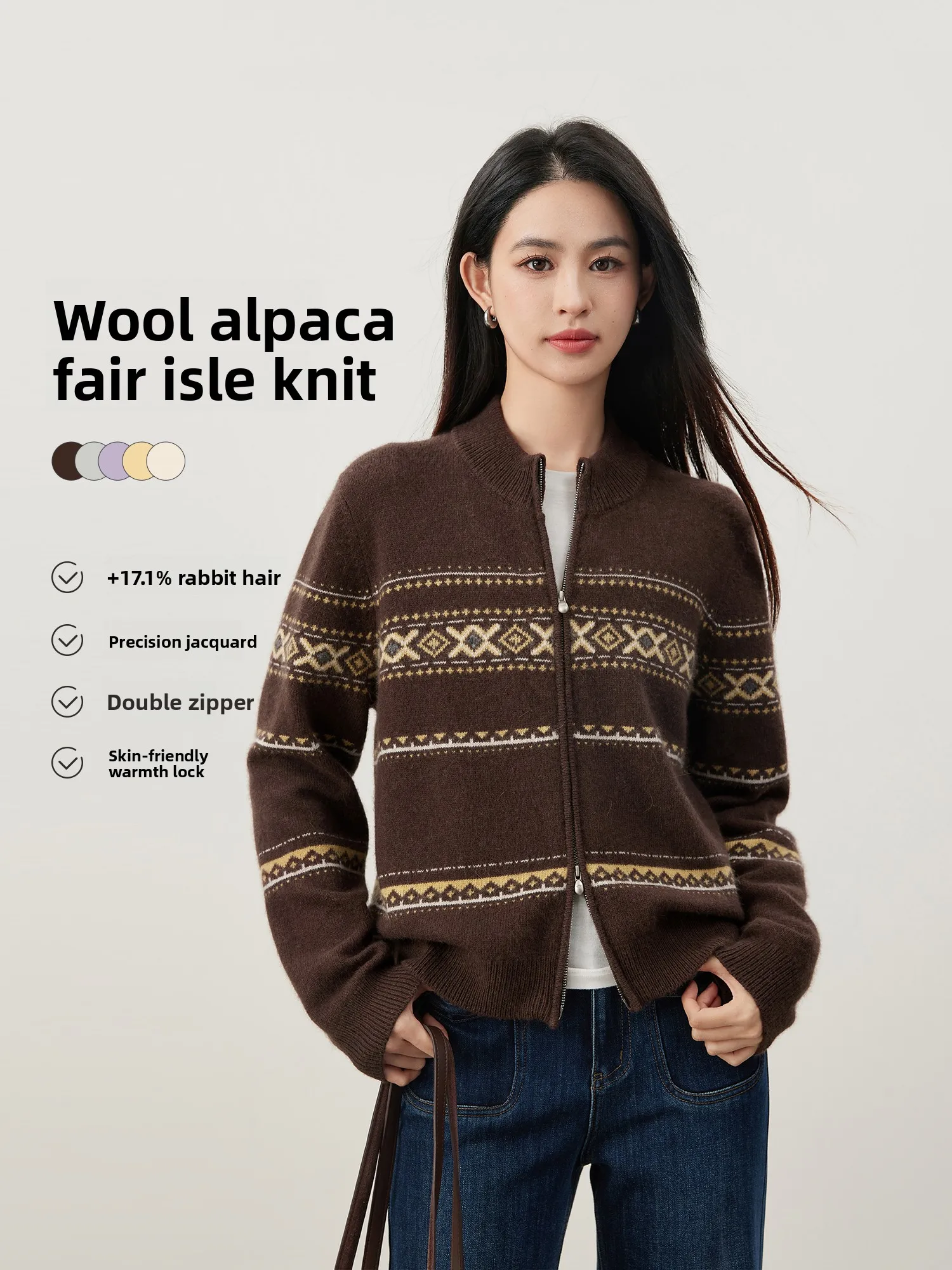 

MIJOR Quali Floral Embroidery Knitted Sweater Double Zipper Small Collar Open Cardigan Women Autumn Ele Sle Wool Blend