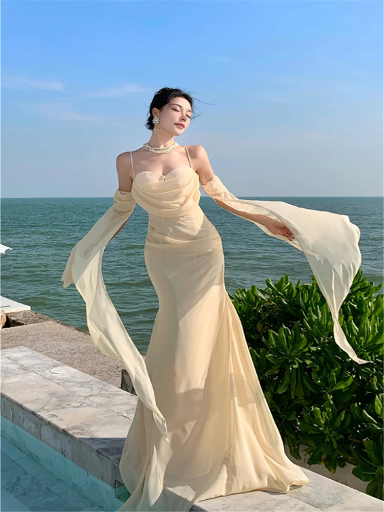 

Summer Vacation Beach Fairy Chiffon Long Camisole Dress Vestidos Shawl Sleeve Bohemian Seaside Suspender Slim Waist Slip Dress