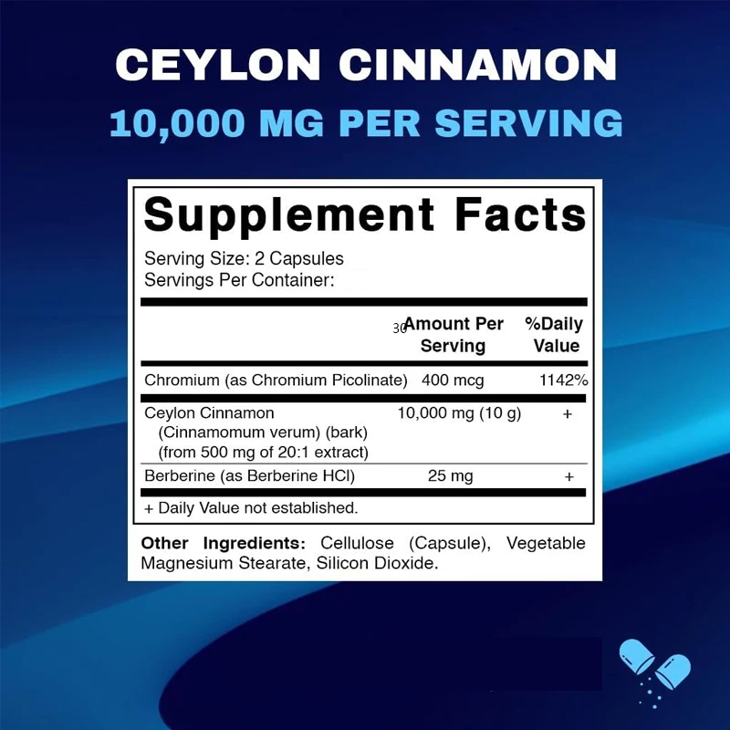 Ceylon cinnamon is equivalent to 10000 milligrams per serving, containing aspartic acid and chromium - non GMO and gluten free