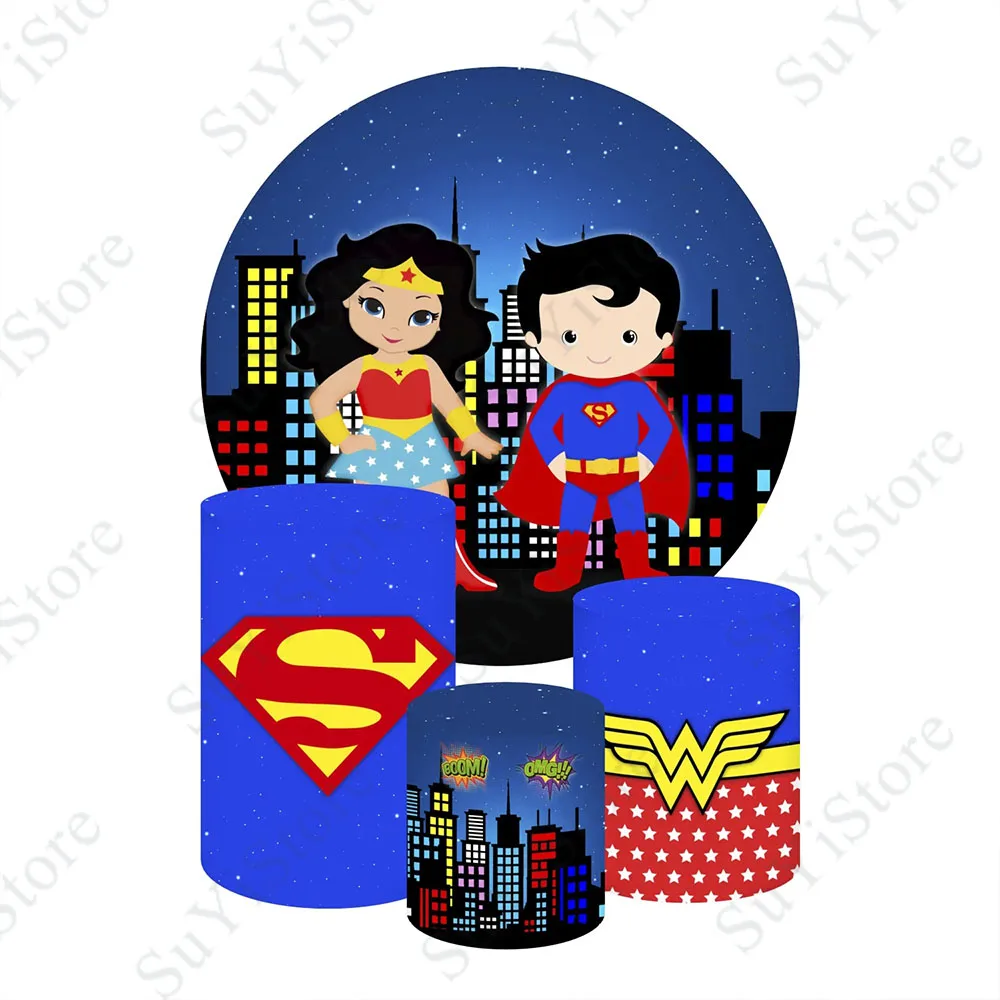 SuperMan Wonder Woman Round Backdrop Cover For Kids Birthday Baby Shower DC Superhero Circle Photo Background PhotoCall Props