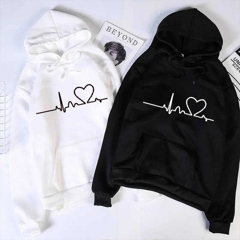 New Women Casual Hoodies Autumn/Winter Heartbeat Print Men Loose Hoodies Couple Sweatshirts Ladies Hooded Tops Streetwear