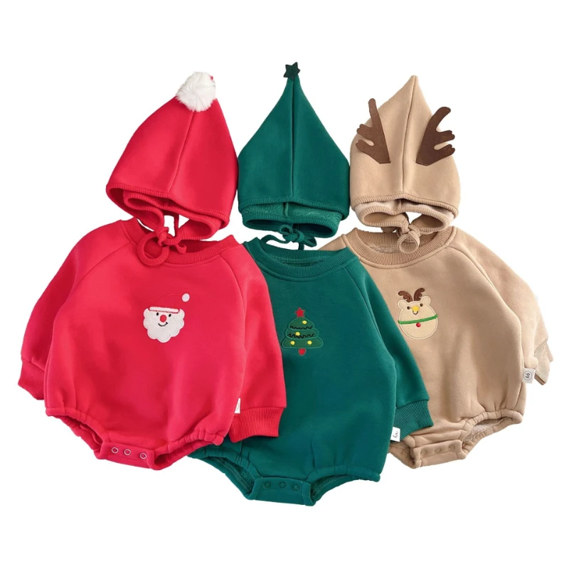 Unisex Baby Christmas Fleece Onesie with Hat - Cute Santa & Reindeer Pattern, Warm Triangle Romper for Autumn & Winter