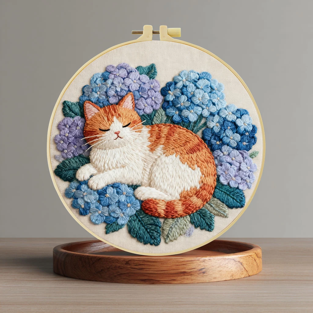 1 Stück 20X20CM/15X15CM Hortensien- und Katzen-Stickerei-Starter-Set DIY Kreuzstich-Nähkunst als Geschenk – Detail 4