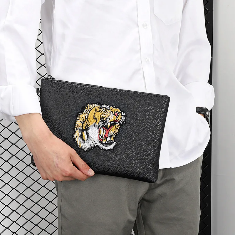 Men\'s Tiger Head Embroidered Clutch Bag PU Envelope Handbag