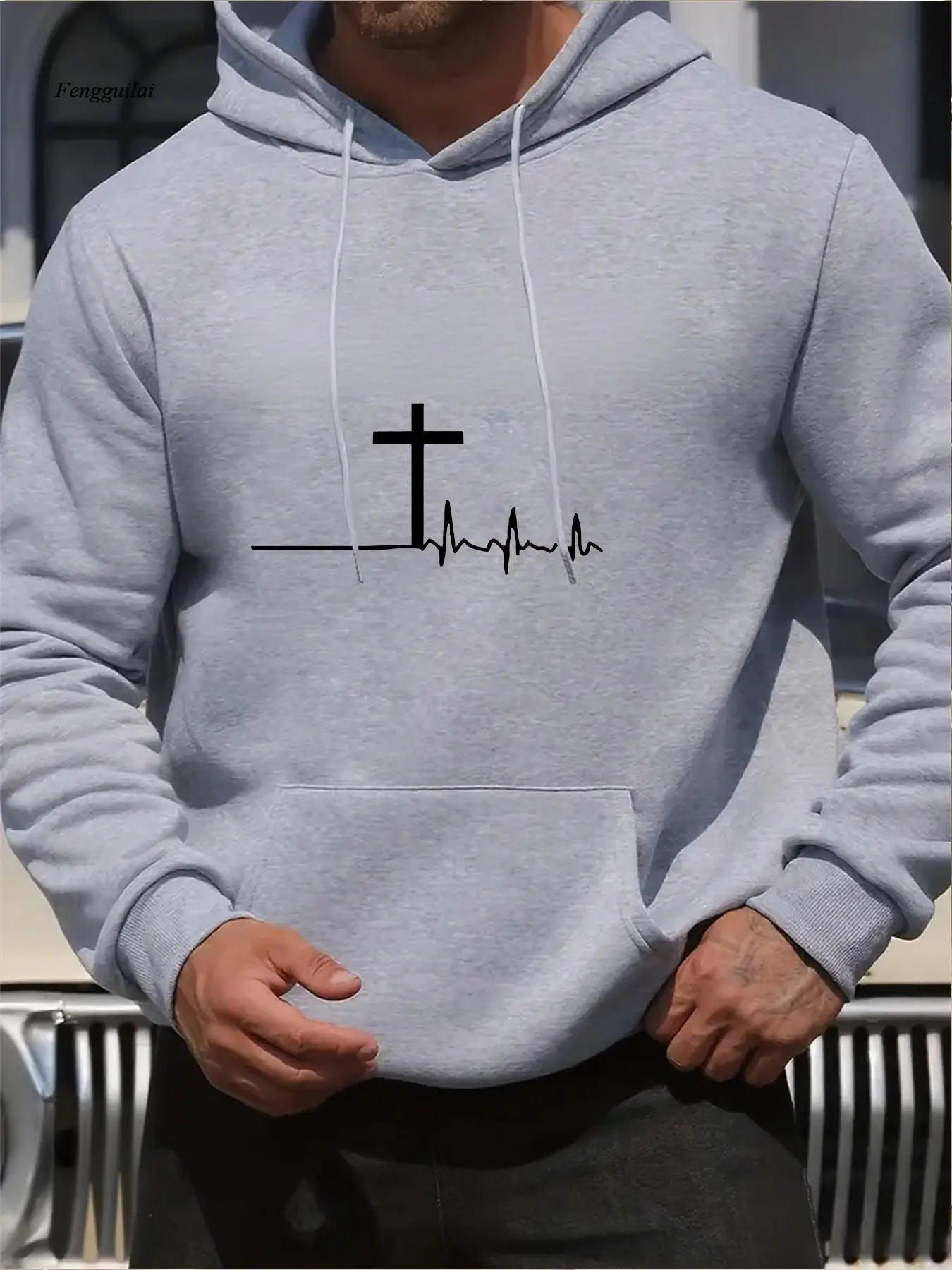 Hoodie - Royal Blue Cross Heartbeat Graphic Pullover, Fleece Hooded Sweatshirt for Gym, Streetwear & Casual Attire