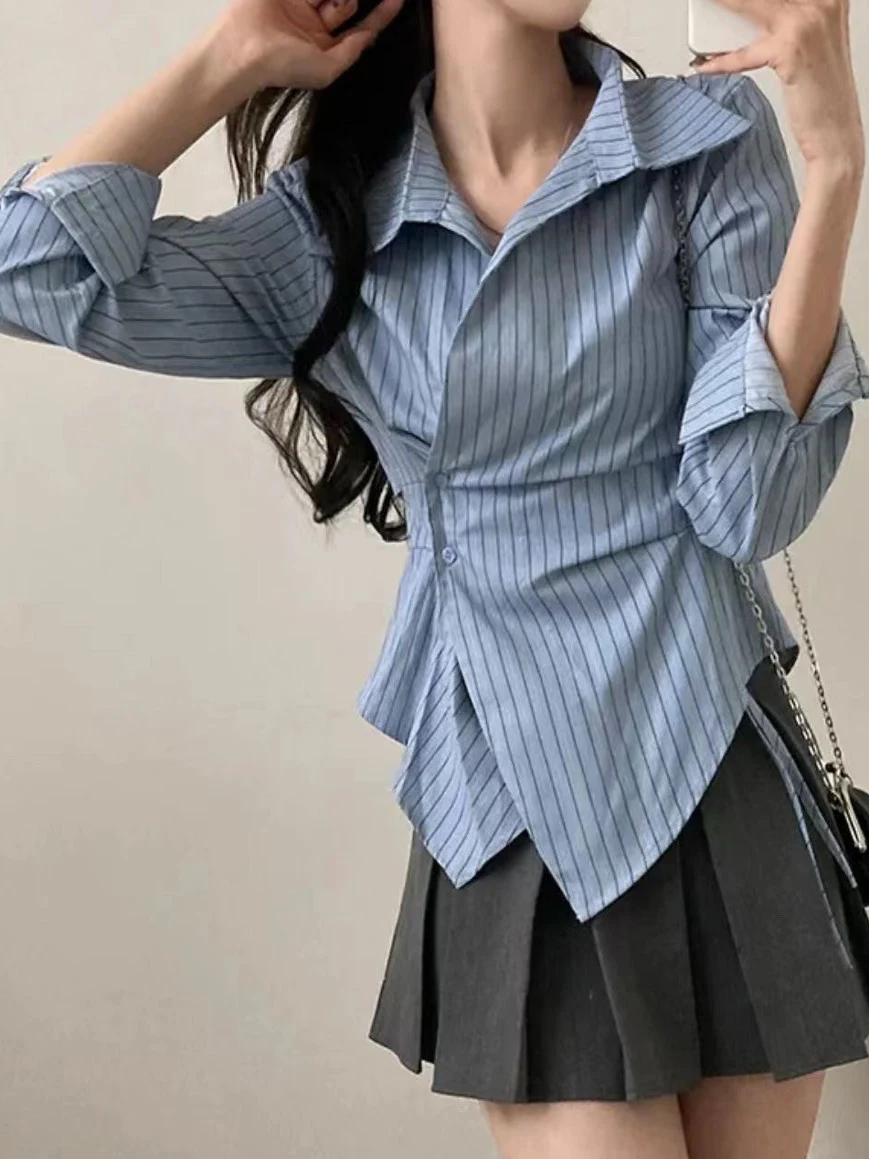 Korean Design Irregular Waist-Cinching Autumn Striped College Sle Long Sve Slimming Top Women's Faion Polyester irt