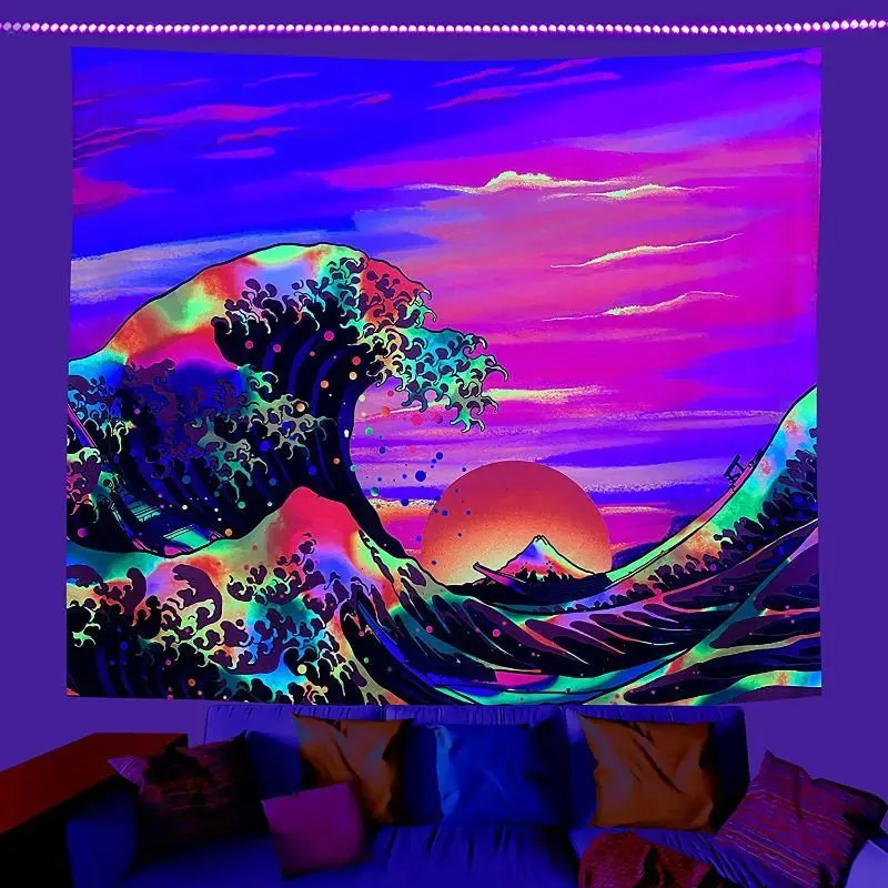 VIKAMA Blacklight Mushroom Skull Tapestry Wall Hanging Giant Skeleton Forest Red Sky Trippy Psychedelic Aesthetic Decor