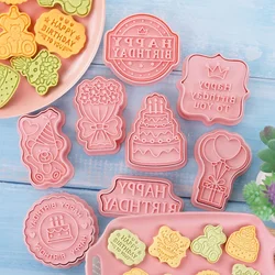 Feliz aniversário tema cookie cortador, molde do bolo, urso, flor, biscoito, cookie stamp, pastelaria bakeware para festa de aniversário, 8 pcs/set