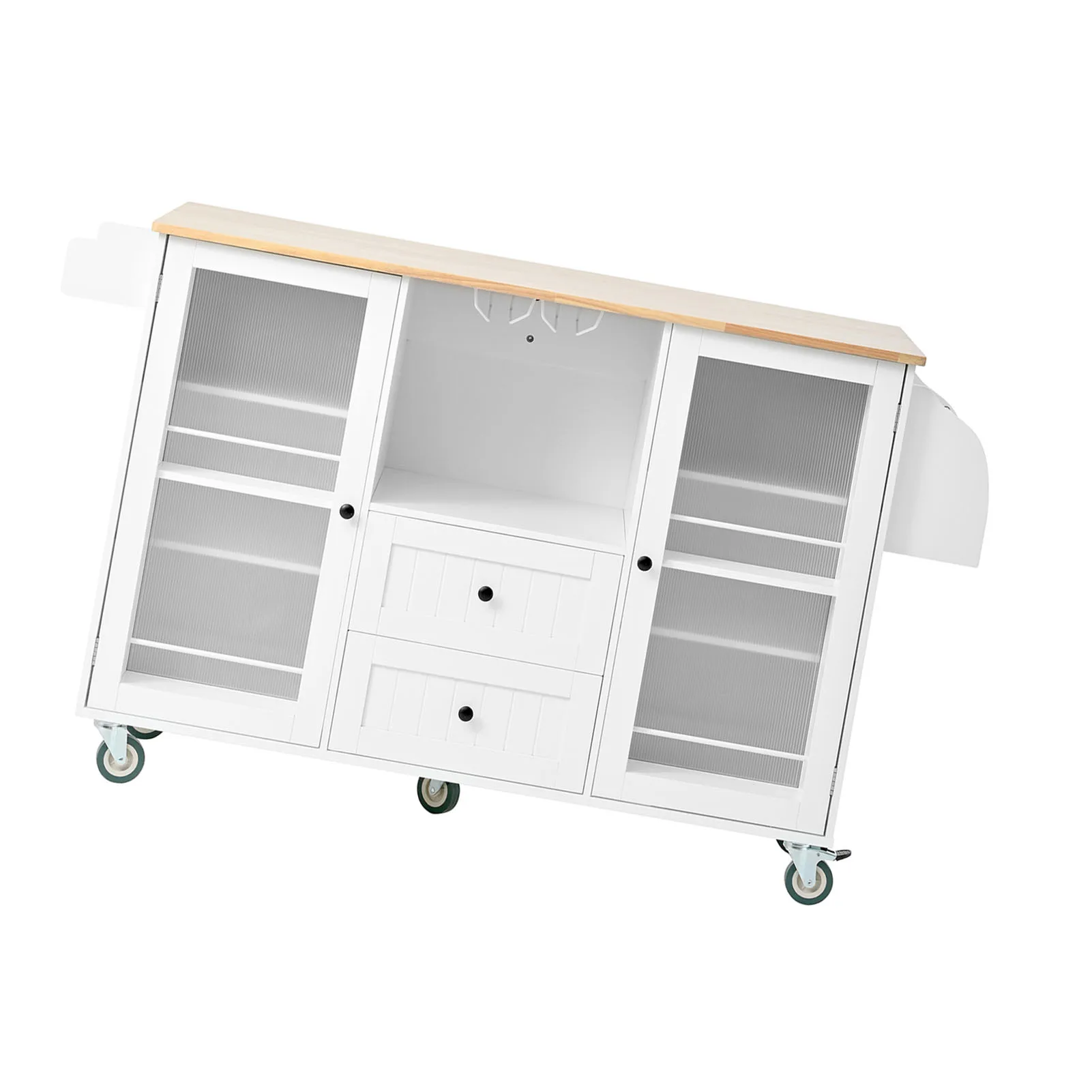 جزيرة المطبخ لطاولة الجزيرة مع طاولة دوارة على عجلات مع رف تخزين مفتوح من جانب سطح السقوط باللون الأبيض