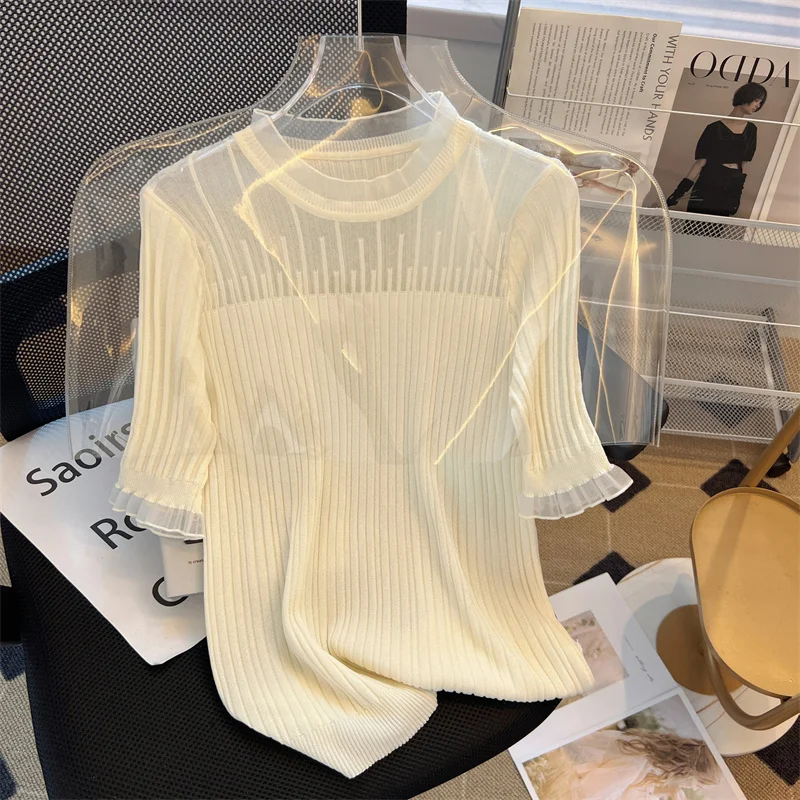 White Hollow Knitted Tshirt Sweater Women 2023 Summer Short Sleeve O-neck Tops Pullover Solid Fashion Workwear Ladies Knitwear