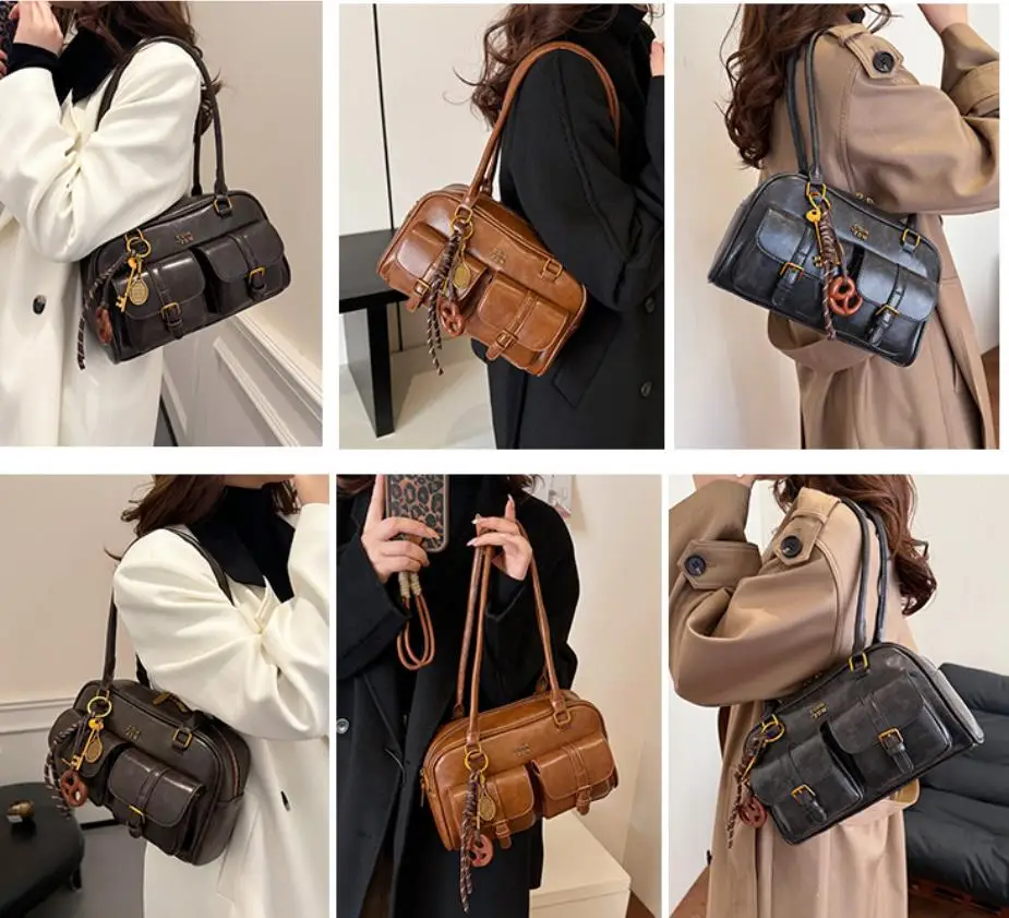 Kaffeebraune Damen-Handtasche mit mehreren Taschen, Umhängetasche, stilvolle, vielseitige Umhängetasche mit Buchstaben für Reisen, Arbeit, Einkaufen, Termine – Detail 5