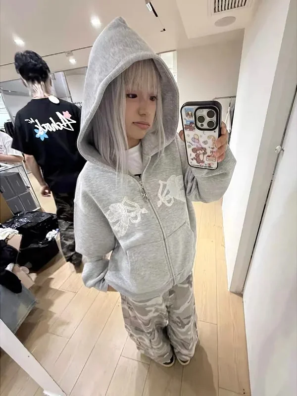 

Женская толстовка-кардиган большого размера в американском уличном стиле с вышивкой, на молнии, осенне-зимняя, с капюшоном