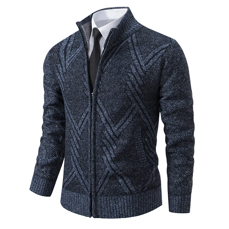 2024 Winter Men\'s Open Collar Wool Zipper Sweater Stand Collar Slim Knitted Sweater Coat Warm Jacket Solid Color Men\'s Clothing