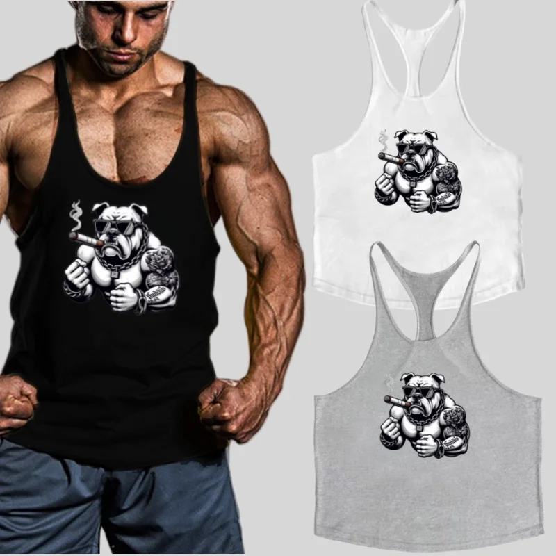 Men's Badass Bulldog Graphic Gym Stringer Vest - Quick-Drying Y Back Bodybuilding Fitness Running Vest, Sports Innerwear