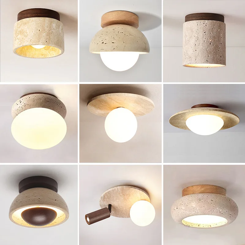 Unique Travertine Round Wooden Ceiling Lamp, Creamy Retro & Mid - Century Wabi - Sabi Style, Ideal for Porch, Balcony & Corridor