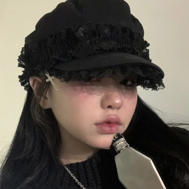 Lace Hat for Women Cool Hat 2000s Chauffeur Hat Elegant Newsboys Hat Crucifix Pendant Black Dome Painter Hat