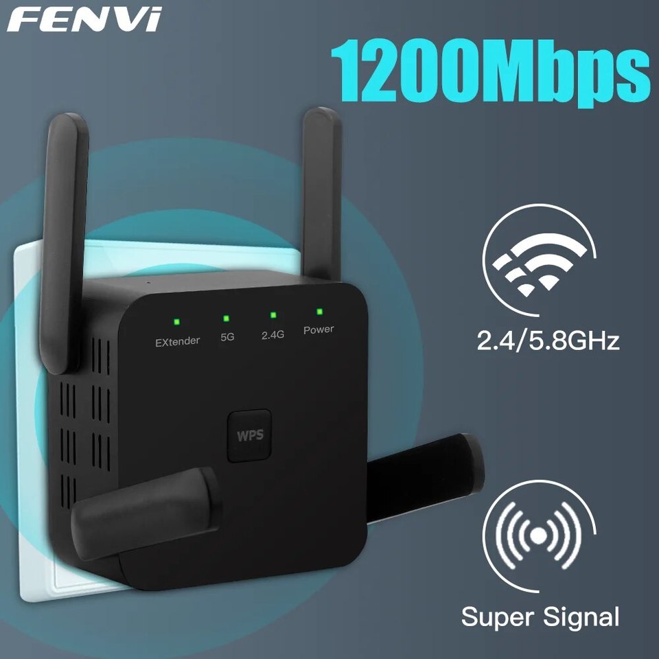  FENVI 5Ghz AC1200 WiFi Repeater 1200Mbps Router Black WiFi Extender Amplifier 2.4G/5GHz Wi-Fi Signal Booster Long Range Network 