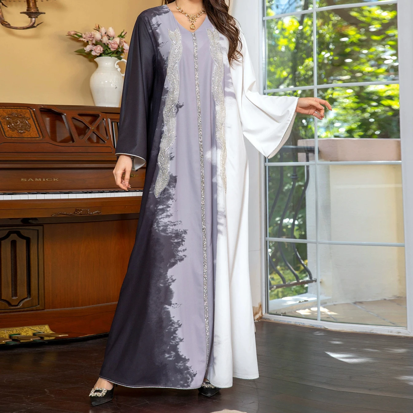 

2025 Middle Eastern clothing beaded embroidered Muslim dress Dubai Saudi Arabia tie-dye hot diamond robe-GZXX585