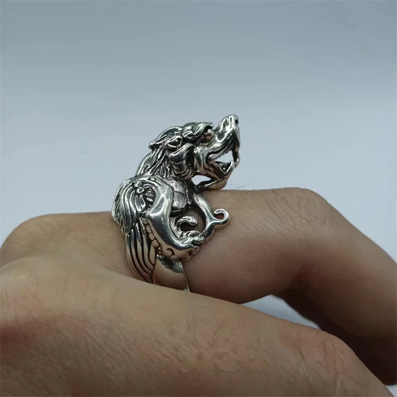 Retro Relief Auspicious Beast Ring Male Index Finger Accessories Trendy Opening Men Ring Cool Lion Dragon Pattern Hand Jewelry